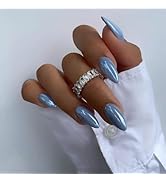 Baby Blue Press On Nails Almond - KQueenest Chrome Press On Nails Medium, Sparkle Fake Nails Pres...