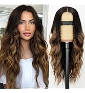 AISI HAIR Long Wavy Brown with Blonde Highlight Lace Hairline Wigs for Women, Middle Part Synthet...