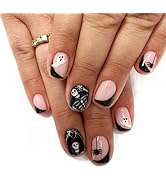 24 Pcs Halloween Press on Nails Short Square - SHANRUN Black & Pink Fake Nails Press ons French N...