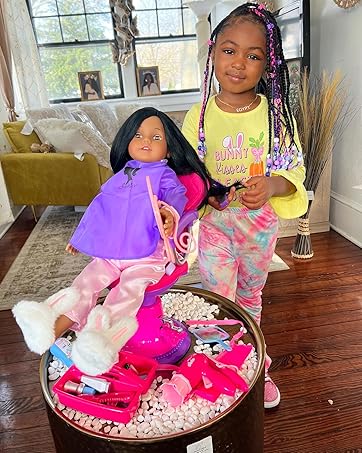 a girl styles her doll's hair