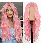 AISI HAIR Pink Wig for Women, Long Wavy Lace Hairline Middle Part Synthetic Wig for Daily Party-2...