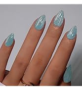 KQueenest Cat Eye Press On Nails Short, Acrylic Press On Nails Almond, Sparkle Pastel Soft Blue F...