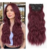 ALXNAN Clip in Long Wavy Synthetic Hair Extension 24 Inch Burgundy 4PCS Thick Hairpieces Fiber Do...
