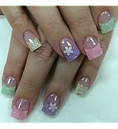 24 Pcs Spring Press on Nails Extra Short Square - LINMEIZAI Pink Fake Nails Press ons Nail Tips G...