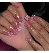 24 Pcs Winter Pink Press on Nails Short Almond - LINMEIZAI White French Fake Nails Press ons Nail...