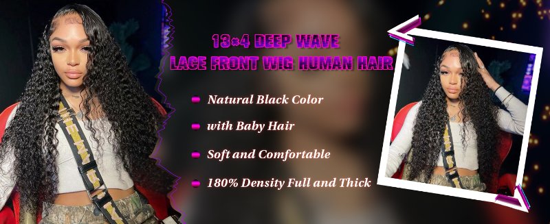 13×4 Deep Wave Lace Front Wig Human Hair Pre Plucked 180% Density HD Curly Lace Frontal Wig