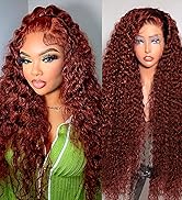 13x6 Water Wave Reddish Brown Lace Front Wigs Human Hair Pre Plucked 180 Density HD Transparent F...