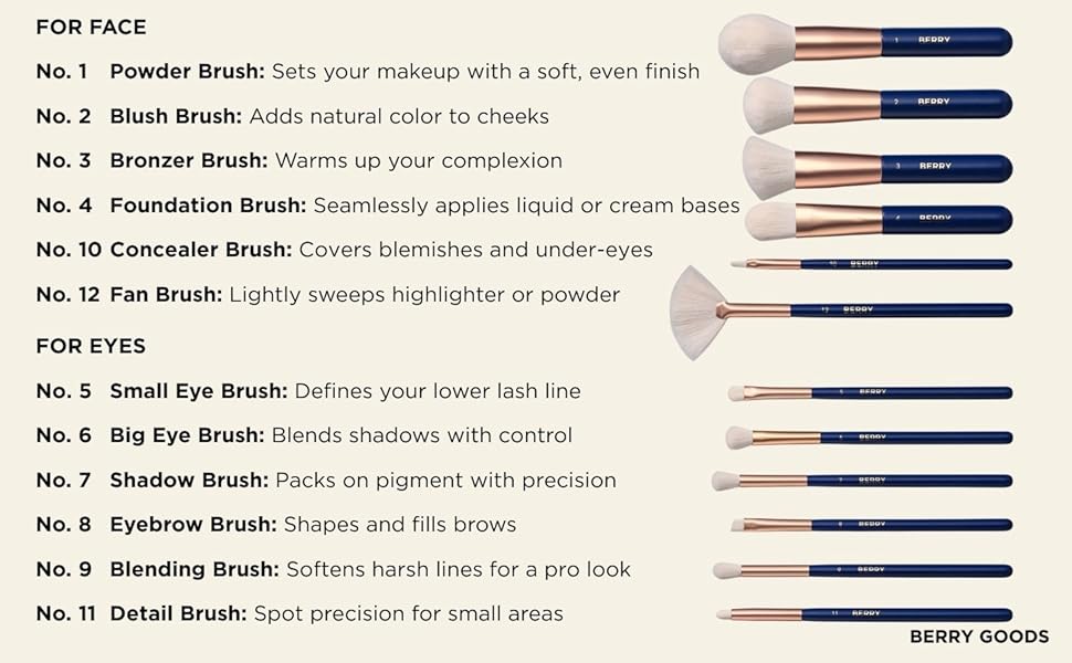 BERRY Blue Makeup Brush Set - Versatility with 12 Precision Brushes