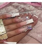 48 Pcs Pink Press on Nails Long Square & Press on Toenails Set - YEFIUO White French Fake Nails P...