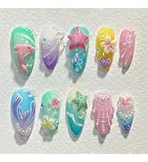 30 Pcs Handmade Press on Nails Short Almond Nail Tips,YEFIUO Summer Fake Nails Press ons Glue on ...
