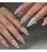 3D Flower Press on Nails Medium Almond Fake Nails Ombre False Nails With Designs 3D Butterfly Pea...