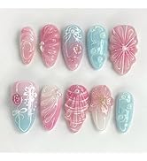 24 Pcs Pink Ombre Press on Nails Short Almond Nail Tips,YEFIUO Acrylic Nail Kit Fake Nails Press ...