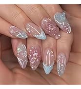 24 Pcs Handmade Press on Nails Short Almond Nail Tips,YEFIUO Blue French Fake Nails Press ons 3D ...