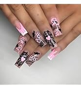 24 Pcs Halloween Spuare Press on Nails Long Coffin - SHANRUN Pink French Fake Nails Press ons Nai...