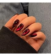 KQueenest Dark Red Press on Nails Cat Eye, Burgundy Glitter Press on Nails Almond Medium, Sparkly...