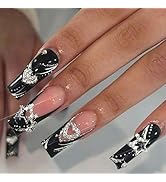 YEFIUO Press on Nails Long Square 3D Alloy Heart Nail Charms Nail Tips Acrylic Nail Kit Pink Fake...