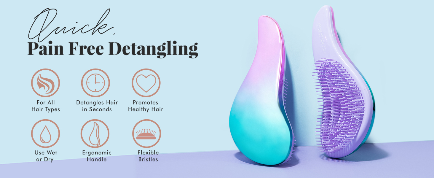 Two detangling hairbrushes in pastel colors. Features quick, pain-free detangling with flexible bristles for all hair types and lengths.