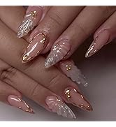 24Pcs Press on Nails Short Almond with 3D Water Drops Design-LINMEIZAI Fake Nails Press ons Nail ...