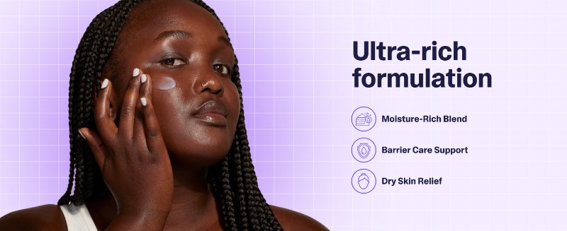 Ultra-rich formulation, woman putting the gel moisturizer on her cheek