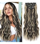 ALXNAN Clip in Long Wavy Synthetic Hair Extension 24 Inch Black with Blonde Highlights 4PCS Thick...