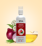 sesa onion hair oil bottle with comb with onion seeds and bowl of oil
