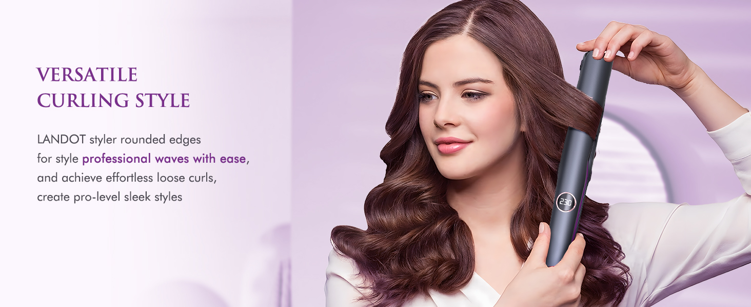 Curling iron being used to style long, dark hair. Text promotes 'Versatile Curling Style' for professional waves and effortless loose curls.