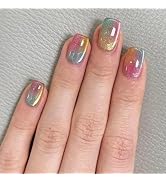 24 Pcs Cat's Eye Press On Nails Short Square YEFIUO Colorful Glitter Fake Nails Press ons Nail Ar...