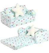 MOMCAYWEX Extra Wider Seating Toddler Couch, 2-in-1 Toddler Soft Couch Fold Out with Star Pillow,...