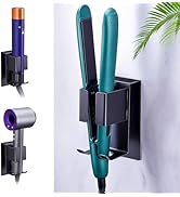 Wall-mounted holder for hair styling tools, shown with teal flat iron installed and additional mounting options displayed in purple and orange.