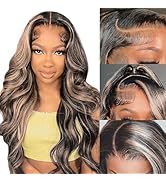 MUGOHK Highlight Lace Front Wig Human Hair Balayage Body Wave 13x4 HD Lace Closure Wigs Pre Pluck...