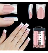 NOVO OVO White French Tip Short Duck Nail Tips Press on, BABY PINK Pre-designed Soft Gel Nail Ext...