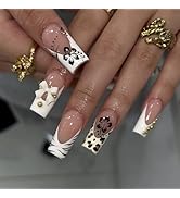 24 Pcs Nude Pink Press on Nails Medium Square - YEFIUO White French Fake Nails Press ons Fall Win...