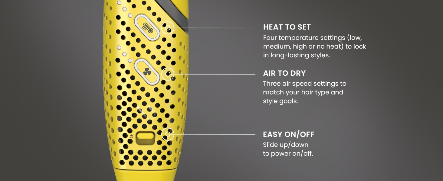 Heat to set, air to dry, easy on and off power button