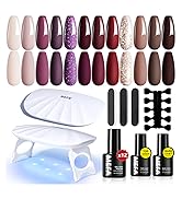 MEFA 19 Pcs Gel Nail Polish Kit with U V Light, 12 Colors Fall Gel Nail Polish Set Burgundy Red C...