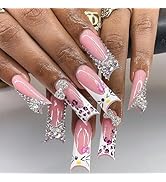 24 Pcs Summer Spuare Press on Nails Long Coffin - SHANRUN White Cat French Fake Nails Press ons N...