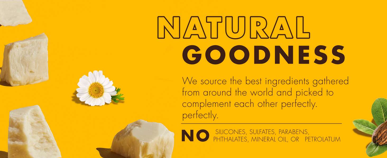 Chamomile flower and shea butter pieces against yellow background with text.