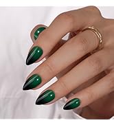 KQueenest Green Black Press On Nails Short Almond, Ombre French Press On Nails with Glue, Dark Fa...