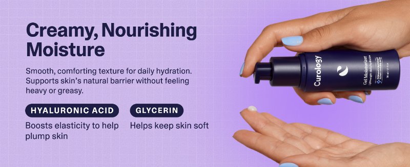 Creamy, nourishing moisture, hands holding gel moisturizer bottle