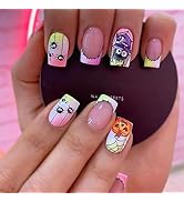24 Pcs Halloween Press on Nails Short Square - SHANRUN Colorful Fake Nails Press ons Patches Fren...