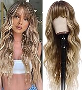 Blonde Wig with Bangs Long Curly Wigs for Women 26 Inch Dirty Blonde Curly Wavy Wigs with Dark Ro...