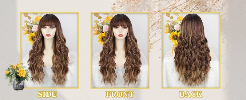 Angle display of brown with highlight wigs