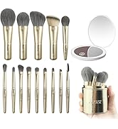 Jilier 14 pcs Mini Makeup Brushes and Pocket Mirror, Travel Makeup Brush Set, LED Compact Mirror ...