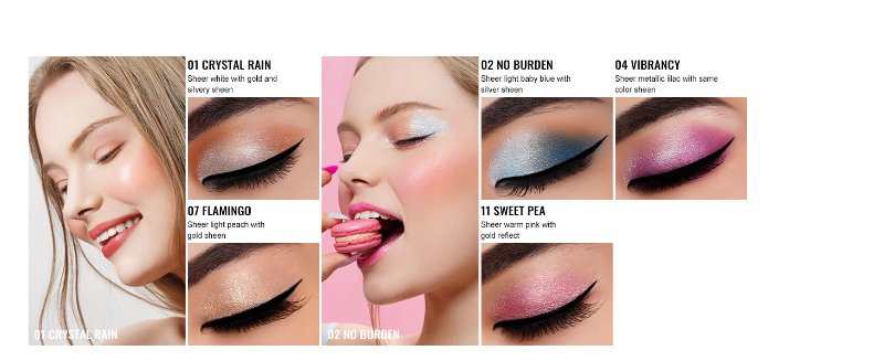 Collection of eyeshadow makeup application examples showing various shimmery and metallic looks in pink, silver, and smoky shades.