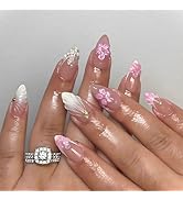 Medium Press on Nails Almond Fake Nails with 3D Pink Flower Water Ripples Designs French Tip Nail...