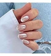 French Press On Nails 30pcs Short Oval False Nails, Nude Chrome Electroplated Stick On Nails with...
