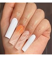White Press on Nails Long Square Fake Nails with Marbled Pattern Design Acrylic Glue on Nails Art...