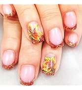 Fall Maple Press on Nails Red French Tips Acrylic Fake Nails Short Square Glossy Yellow Gradient ...