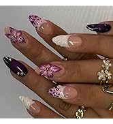 Leopard French Tip Press on Nails Medium Almond 3D Embossed Floral with Leopard Print Gold Pearl ...