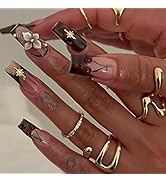 24 Pcs Handmade Press on Nails Long Coffin Fake Nails Thick Brown False Nails with 3D Flower and ...