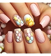Easter Press on Nails Short Square Fake Nails Chick Egg Wave Point false Nails with Chicken Desig...